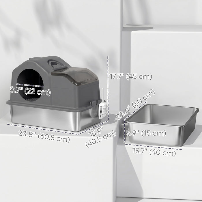 Grand bac a litiere en acier inoxydable pour chat, gris fonce
