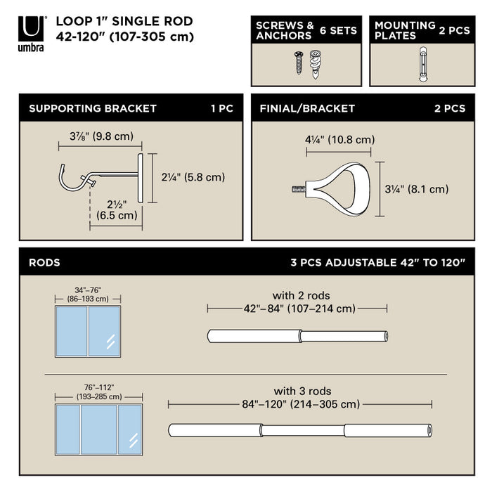  Tringle à rideaux extensible Loop de Umbra noir mat de 1 po - 42 po à 120 po