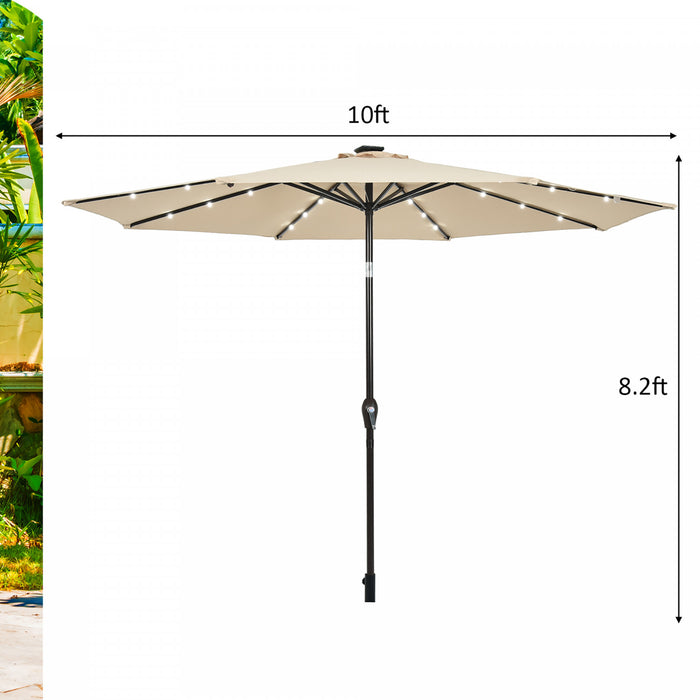 Costway Parasol de marche solaire LED de 10 pieds avec reglage d'inclinaison et manivelle, beige