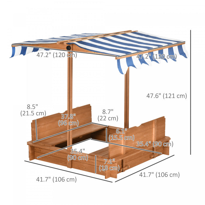 Bac A Sable En Bois Pour Enfants Avec Couvercle, Station De Jeu De Sable D'exterieur Pour Enfants Avec Banquettes Pliables, Auvent Reglable, Doublure Inferieure Pour L'exterieur