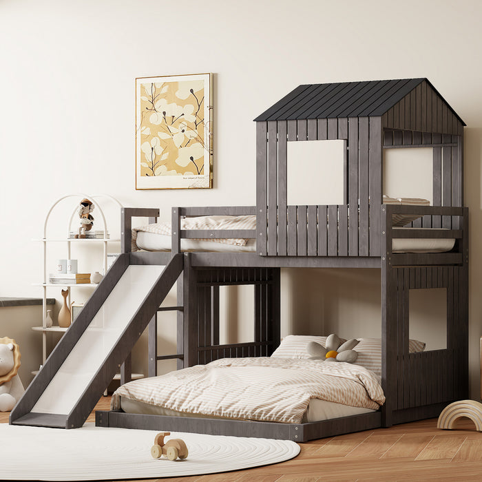 Lit Superpose Marico En Bois Massif, Taille Simple En Haut Et Double En Bas, Avec Toboggan, Design Maison De Jeu, Gris Antique