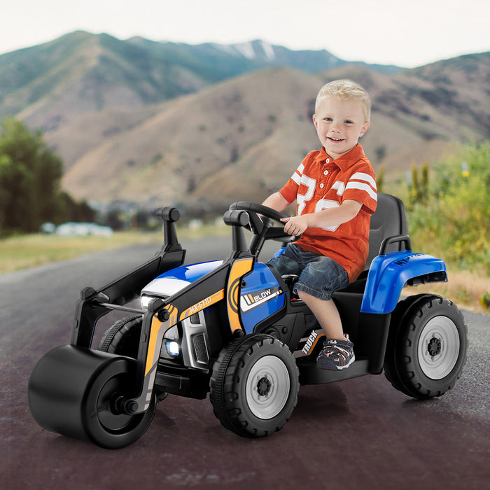 Vehicule De Construction Voiture Electrique Enfants, 2 Modes De Conduite, Avec Telecommande Effets Sonores Lumineux, Rouleau-compresseur Bulldozer, Jouet Enfant 3+ Ans, 113x51x52 Cm, Charge 30 Kg, Bleu/rouge/jaune