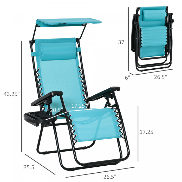 Chaise Longue Pliante 2 Pieces Avec Auvent De Protection, Bleu Ciel, Par Outsunny
