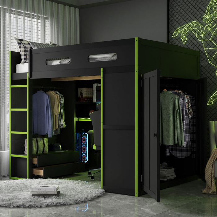 Jerry Lit mezzanine en bois avec bureau et rangement, Taille Double, Vert
