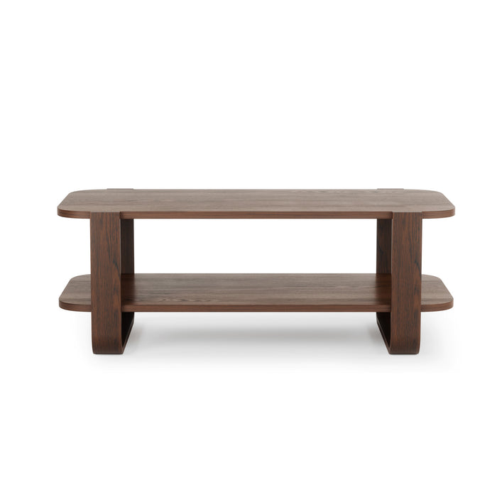 Table à café moderne Bellwood de Umbra en bois massif avec tablette - noyer vieilli