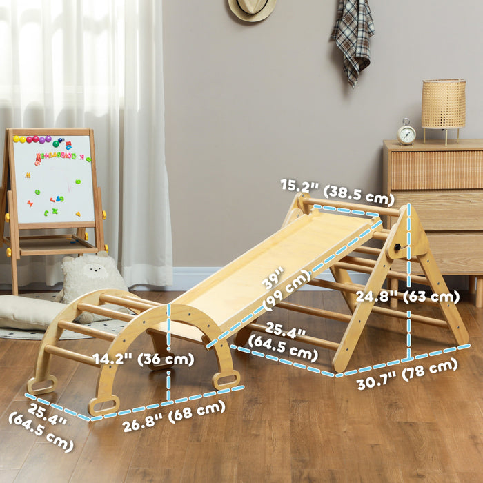 Qaba Ensemble Triangle 5 En 1, Jouets D'escalade Pour Tout-petits, Salle De Gym Pour Bebe Avec Echelle, Rampe, Arche, Pour Escalader, Glisser, Pour18-48 Mois, Bois Naturel