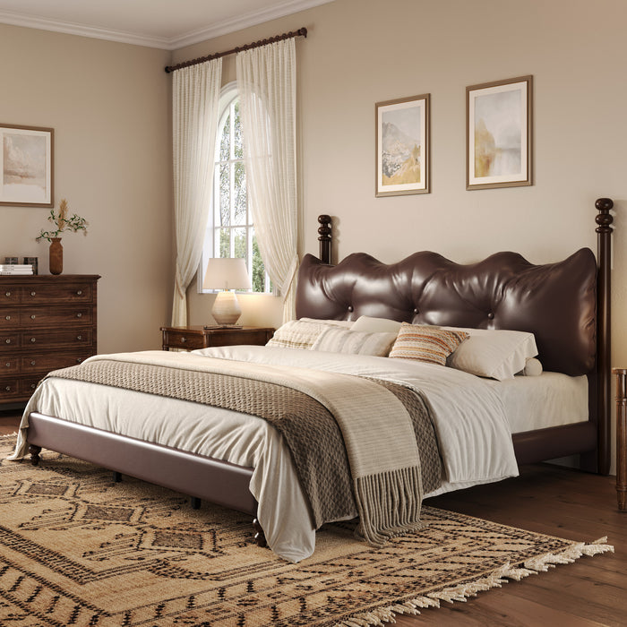 Cadre de lit plateforme en simili cuir Emma avec tete de lit, taille Queen, marron fonce