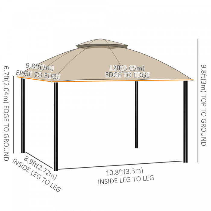 Outsunny 12' X 10' Tente D'auvent De Tonnelle D'exterieur A 2 Niveaux Pour Terrasse Avec Parois Laterales En Maille Zippee, Cadre En Acier Massif, Toit Arque, Beige