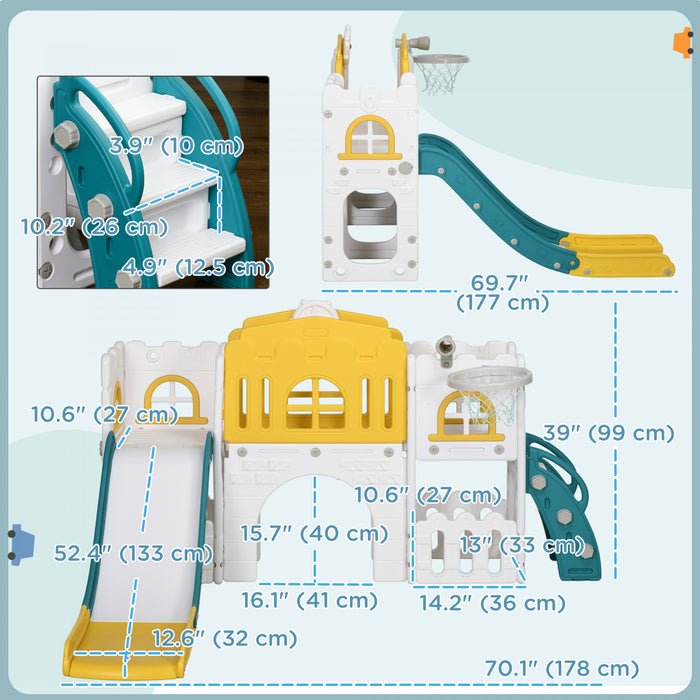 Qaba Toboggan 7 En 1 Pour Enfants Avec Panier De Basket, Grimpeur, Telescope, Tunnel, Volant, Allee, Paniers De Rangement, Toboggan Interieur Pour 1 A 3 Ans, Jaune