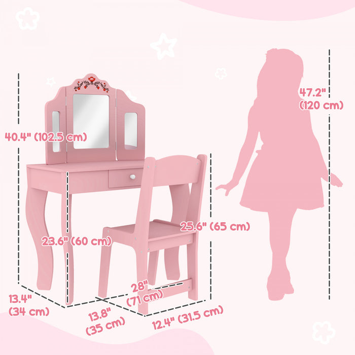 Qaba Ensemble De Coiffeuse Pour Enfants 2 Pcs Avec Miroir, Tabourets, Rose