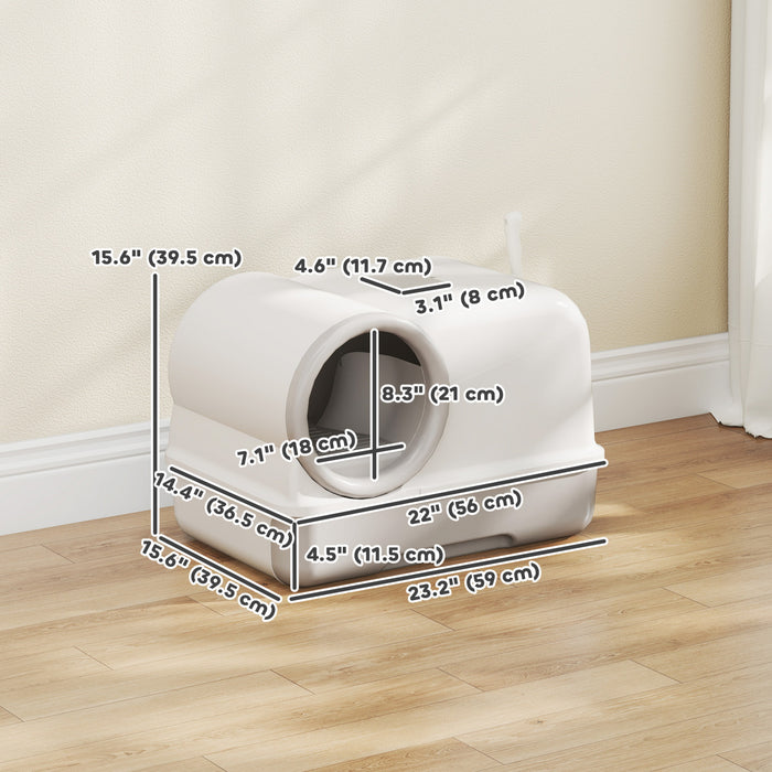 PawHut Bac a litiere pour chat avec couvercle, plateau coulissant, pelle incluse et sachets de deodorisation, blanc et gris