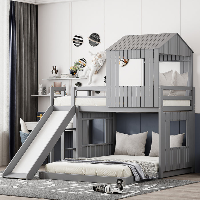 Lit Superpose Marico En Bois Massif, Taille Simple En Haut Et Double En Bas, Avec Toboggan, Design Maison De Jeu, Gris