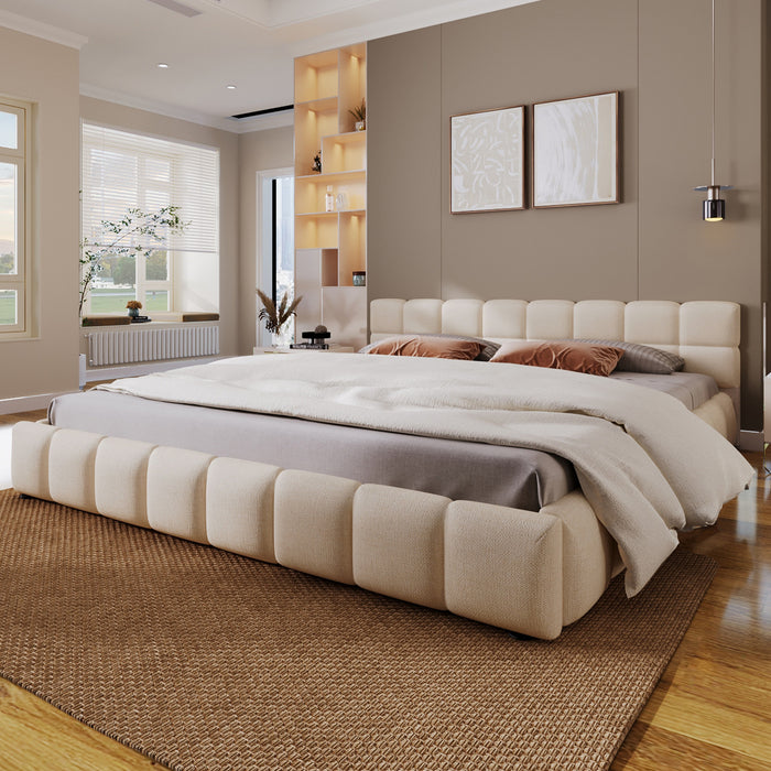 Eleanor Lit elegant avec revetement en chenille et design a damier, Taille King, Beige