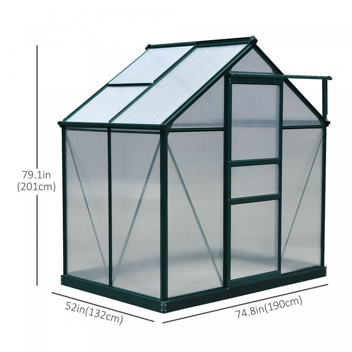 Outsunny Serre De Jardin Aluminium Polycarbonate 6.2' X 4.3' X 6.6' Lucarne, Porte Coulissante + Fondation Incluse Alu. Vert Polycarbonate Transparent