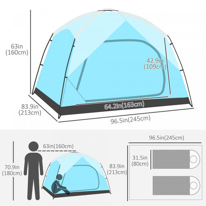 Outsunny Tente De Camping 4 Personnes Avec Portes Fenetres Tente De Randonnee Pour Famille Randonnee Voyage Chasse Pique-nique Bleu Et Gris