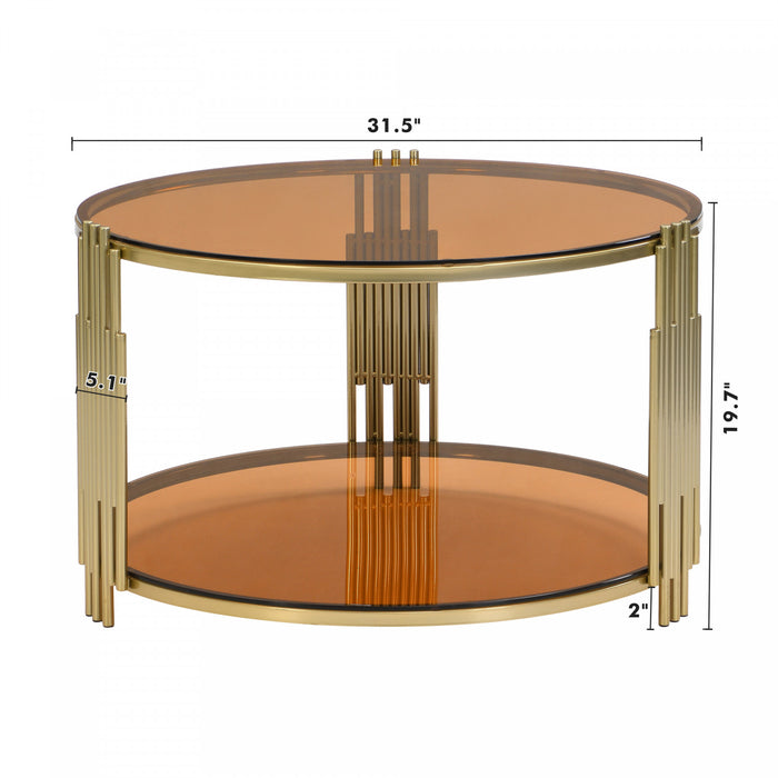 Table Basse Ronde Jonas De 31,5\" En Verre Trempe Avec Etagere Inferieure, Marron