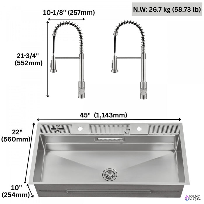 Evier poste de travail MultiSINK 45 po, double pose, 3 niveaux, robinets, rince-verre, inox - J-WP31