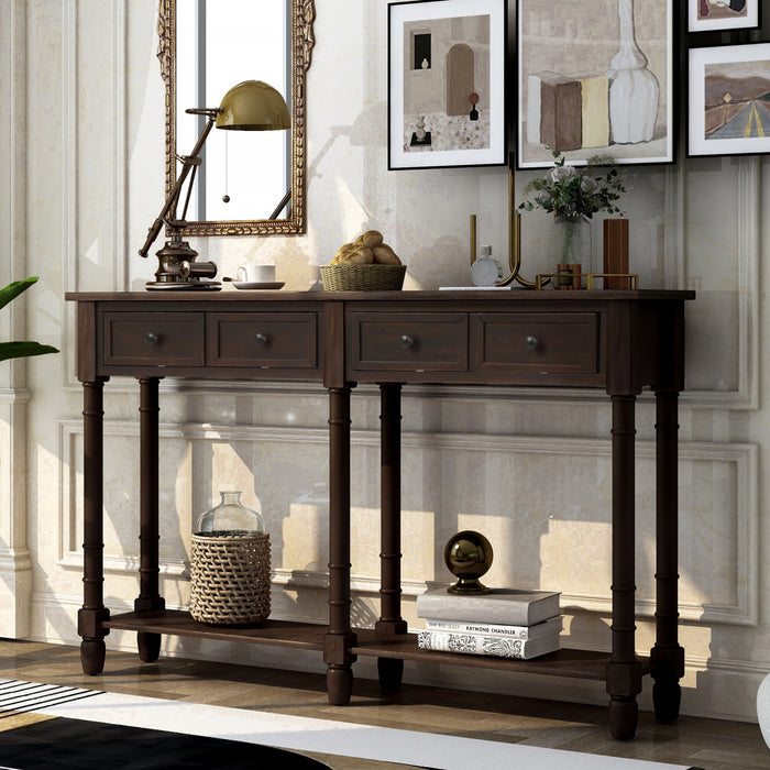Table Console Phyllis En Bois Massif Avec Tiroirs Et Etagere Inferieure - Espresso