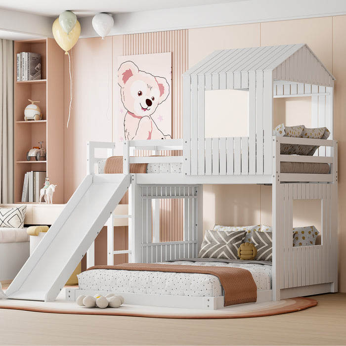 Lit Superpose Marico En Bois Massif, Taille Simple En Haut Et Double En Bas, Avec Toboggan, Design Maison De Jeu, Blanc