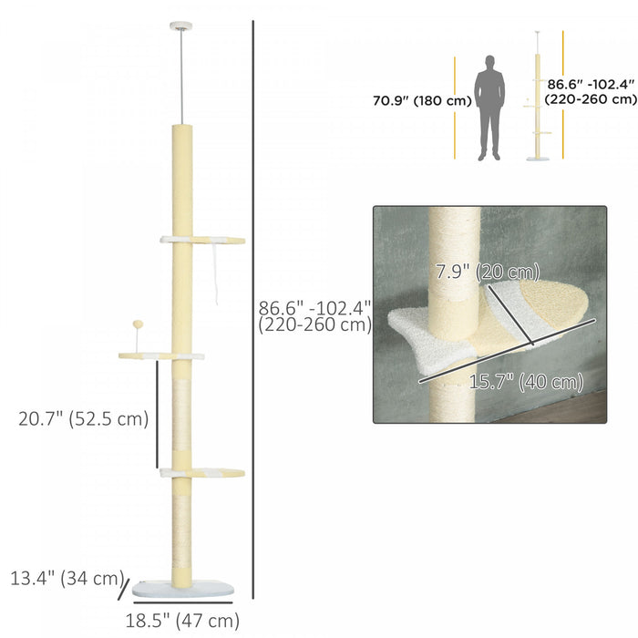 Pawhut Arbre A Chat Du Sol Au Plafond, Tour A Chat A 4 Niveaux Pour Grands Chats Avec Hauteur Ajustable 87\"-102\", Poteaux A Gratter En Sisal, Kit Anti-bascule, Perchoirs, Jaune