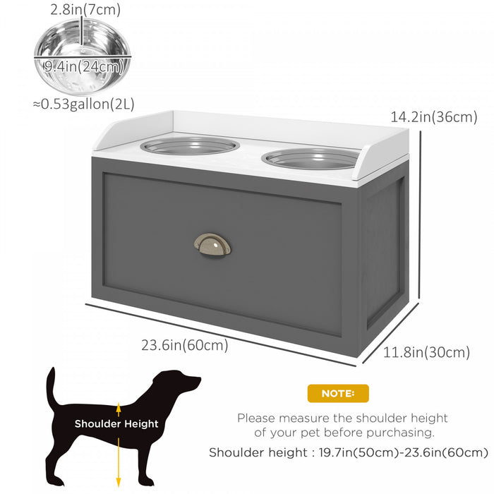 Pawhut Grandes Gamelles Surelevees Pour Chien Avec Tiroir De Rangement D'une Capacite De 21 L, Station D'alimentation Surelevee Pour Animaux De Compagnie Avec 2 Gamelles En Acier Inoxydable, Gris