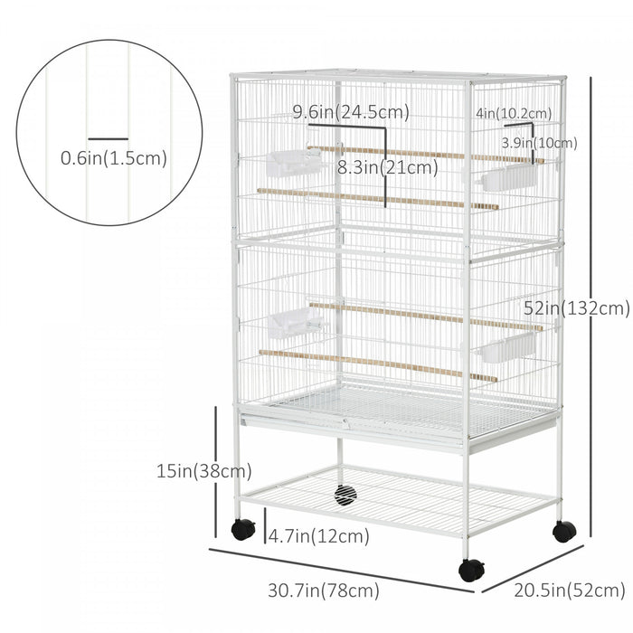 Pawhut 52\" Grande Cage A Oiseaux Roulante En Acier Avec Support Roulant, Etagere De Rangement, Perchoir En Bois, Recipient Alimentaire, Blanc