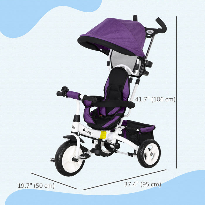Qaba Tricycle Pour Tout-petits, Poussette De Velo 2 En 1 Pour Bebe Avec Auvent Pliable, Panier De Rangement, Harnais De Securite A 5 Points, Tricycle Pour Enfants De 1 A 5 Ans, Violet
