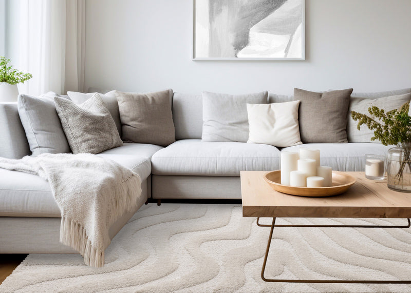 Carpette moderne, luxueuse et moelleuse Lincoln blanche à motif de courbes - 6 pi 7 po x 9 pi 6 po