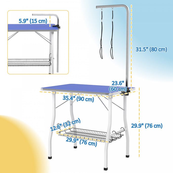 Pawhut Table De Toilettage Pour Chien Avec Bras Reglable, Table De Toilettage Pliable Avec Plateau En Maille, Deux Nœuds, Surface En Caoutchouc, 35\" X 24\" X 30\", Bleu