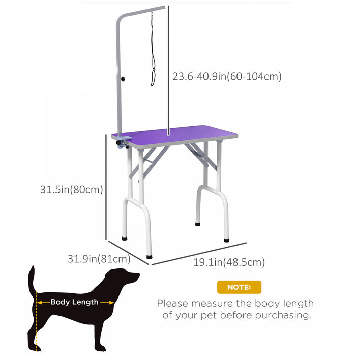 Pawhut Table De Toilettage Pour Petits Chiens, Table De Toilettage Pliable Pour Chiens Et Chats Avec Bras Reglable, Surface Antiderapante, Violet