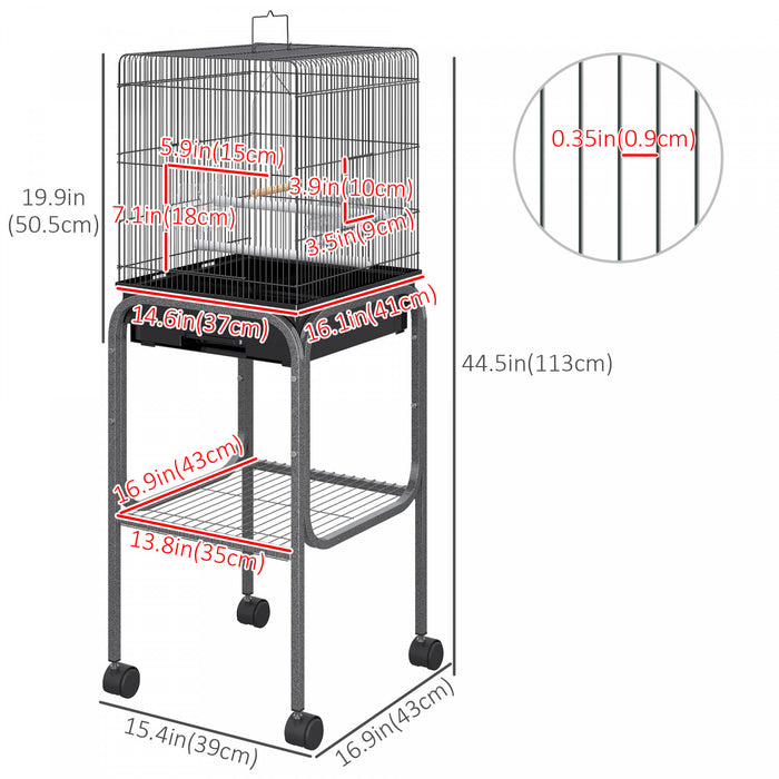 Pawhut 44,5\"h Support De Spot De Jeu Pour Perroquet En Metal Avec Cage A Oiseaux Avec Etagere De Rangement Pour Roues Multi-portes Noir