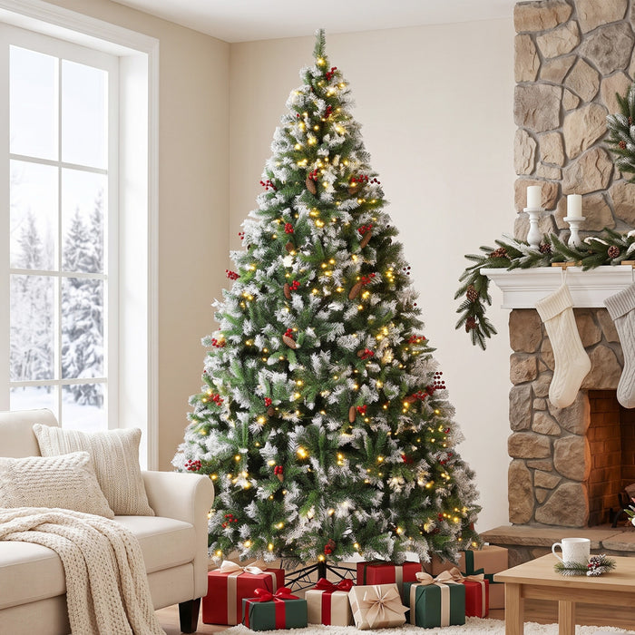 HOMCOM Sapin de Noel enneige 274 cm pre-eclaire, LED bicolores, avec telecommande