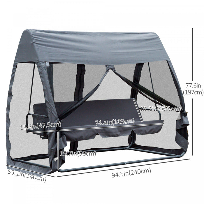 Balancelle De Jardin Convertible 3 Places Grand Confort : Matelas Assise Dossier, Moustiquaire Integrale Zippee Avec Toit, Pochette Rangement Metal Epoxy Polyester Gris