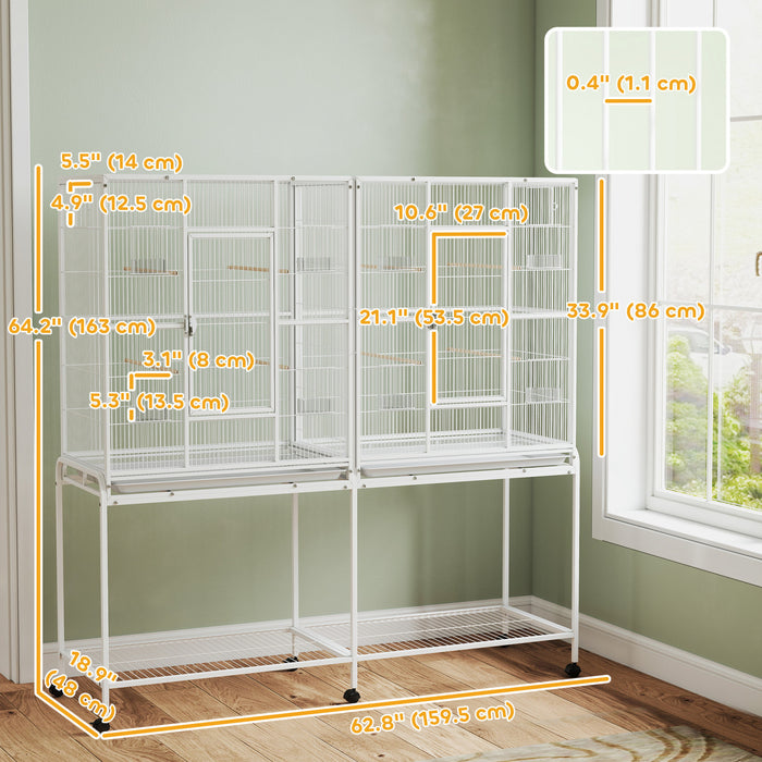 PawHut - Grande cage pour oiseaux de 64\" avec support roulant detachable, etagere de rangement, perchoirs en bois et mangeoires, blanc