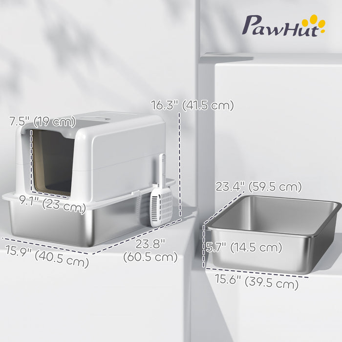 Pawhut Bac A Litiere Pour Chat En Acier Inoxydable Avec Couvercle Amovible, Bac A Litiere Extra Large Avec Pelle, Bac A Litiere En Metal, Facile A Nettoyer, Blanc