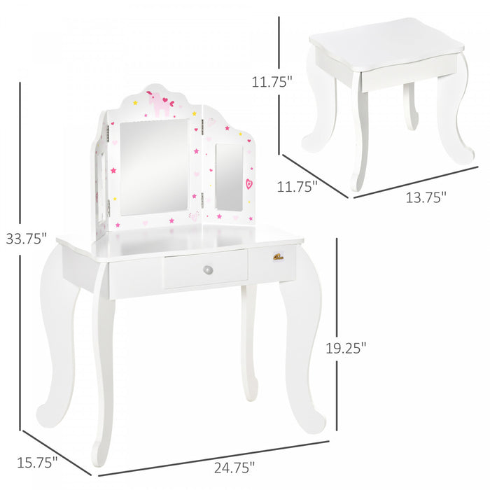Qaba Coiffeuse Et Tabouret Pour Enfants Coiffeuse Pour Filles Bureau De Maquillage Avec Miroirs Tri-pliants Tiroir Motif Etoile Et Cœur Blanc