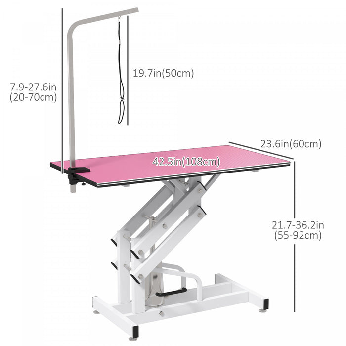 Pawhut Table De Toilettage Pour Chien, Table De Toilettage Professionnelle De Luxe Pour Chiens De Grande Taille, Levage En Z Hydraulique Avec Nœud Coulant Pour Bras – Rose