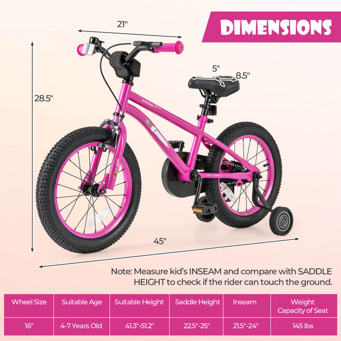 Velo Costway 16 Pouces Pour Enfants De 4 A 7 Ans Avec Selle Reglable Et Guidon Antiderapant Rose