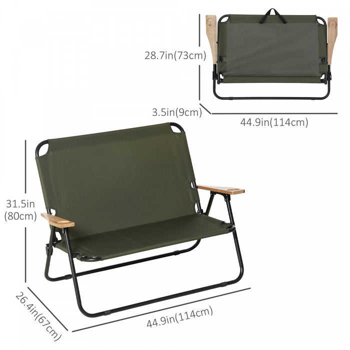 Outsunny Chaise pliante double chaise de camping pour 2 personnes chaise d'exterieur portable avec accoudoir en bois pour la peche et les voyages verte