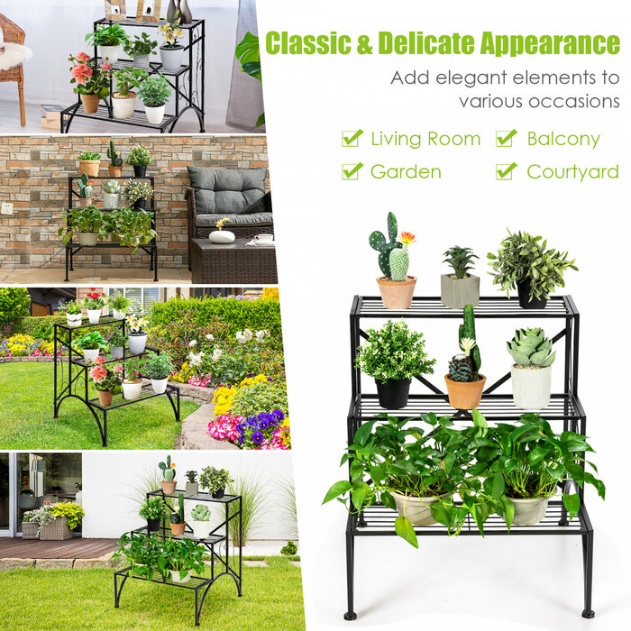 Support Pour Plantes En Metal 3 Niveaux, Support Pour Pots De Fleurs Avec 3 Etageres Ouvertes, Pieds Antiderapants Et Structure Metallique Robuste, Support Decoratif Pour Plantes Pour Jardin, Balcon, Terrasse, Montage Facile
