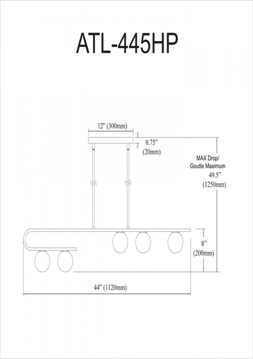 Luminaire suspendu horizontal Atlas de Dainolite en verre blanc, avec fini noir mat et 5 ampoules