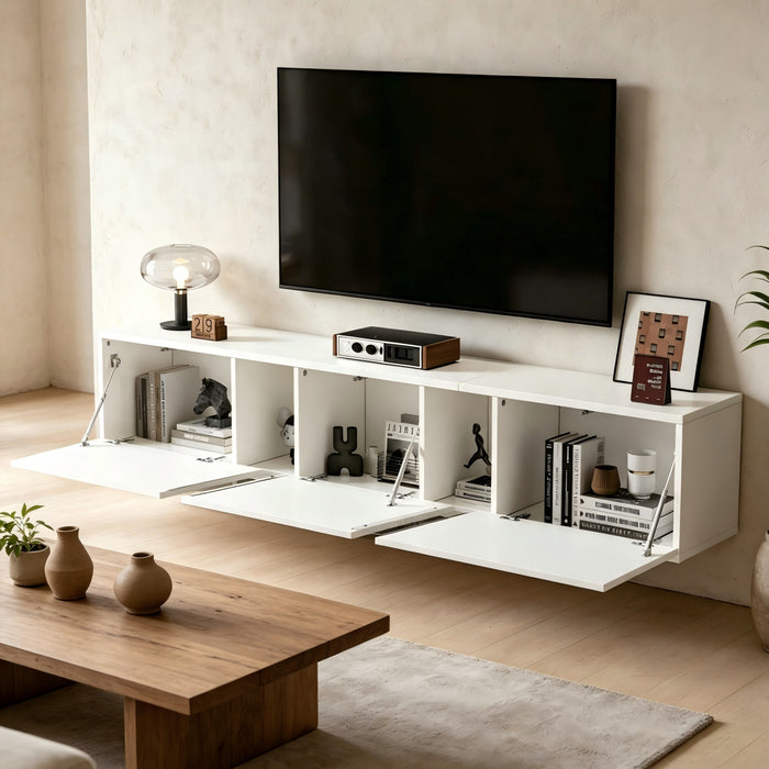Lumina Meuble TV Mural 64.9 po avec Lumieres LED et Portes Acryliques, Blanc