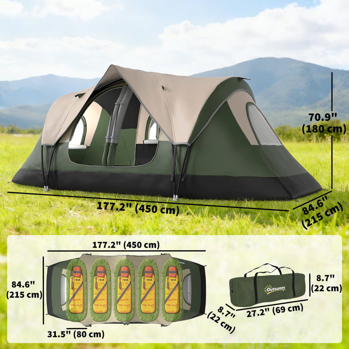 Tente de camping Outsunny, tente pour 6 a 8 personnes avec 2 chambres, vert fonce