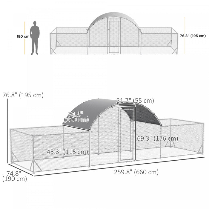 Pawhut Poulailler En Metal, 21.7' X 6.2' Avec Couverture Impermeable Et Anti-uv, Porte Pour 12-14 Poulets, Canards, Lapins, Argente