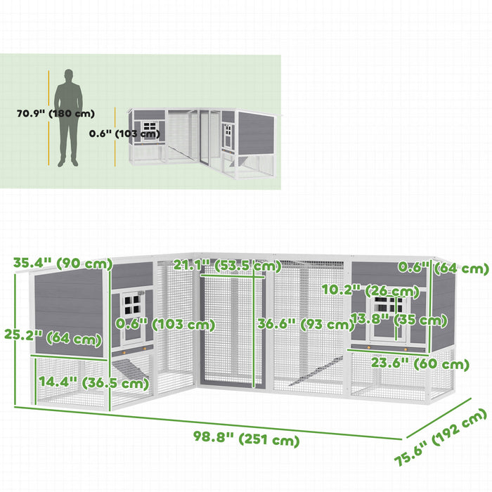 PawHut Poulailler en bois de 251 cm avec enclos integre, clapier a lapins en forme de L avec 2 maisons, toit impermeable et rampes, gris