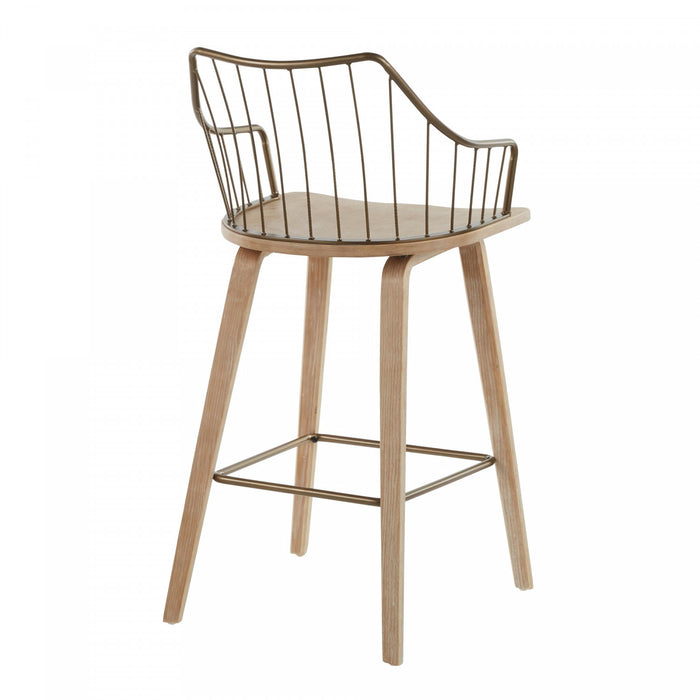 Tabouret champêtre Winston de hauteur comptoir en bois - blanchi et cuivre antique