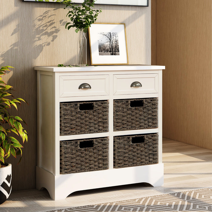 Buffet De Rangement Tobey En Bois Massif Avec 2 Tiroirs Et 4 Paniers En Rotin, Blanc