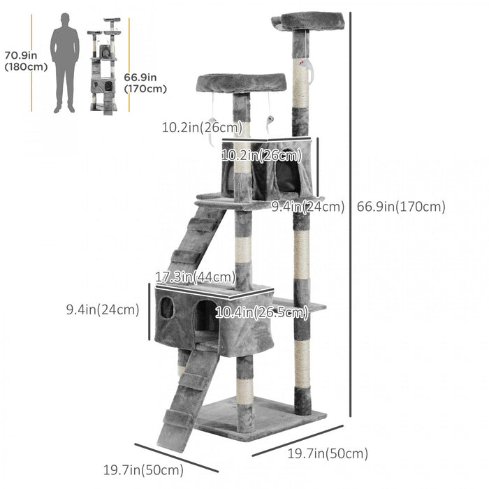 Pawhut Arbre A Chat Multi-niveaux De 67 Pouces Centre D'activites Tour De Poste Pour Condo Meubles Pour Animaux De Compagnie Avec Jouet Gris