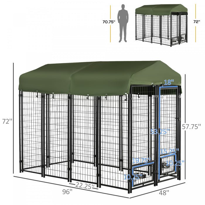 Pawhut Niche D'exterieur Pour Chien De 8' X 4' X 6' Avec Supports De Gamelle Rotatifs, Parc Pour Animal Domestique, Cloture En Fil D'acier Soude Avec Auvent Resistant A L'eau Et Aux Uv, Vert