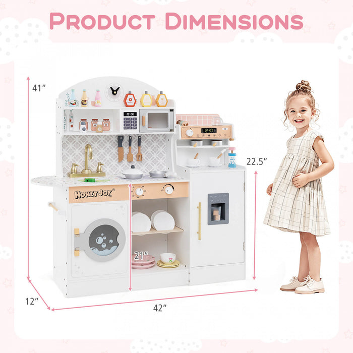 Honeyjoy Jeu De Cuisine Pour Enfants Jeu De Cuisine En Bois Avec Horloge, Micro-ondes, Evier, Plateau Blanc
